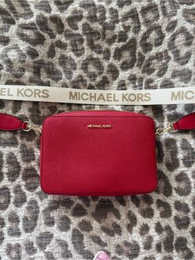 Michael Kors Cherry Red Saffiano Crossbody Camera Bag